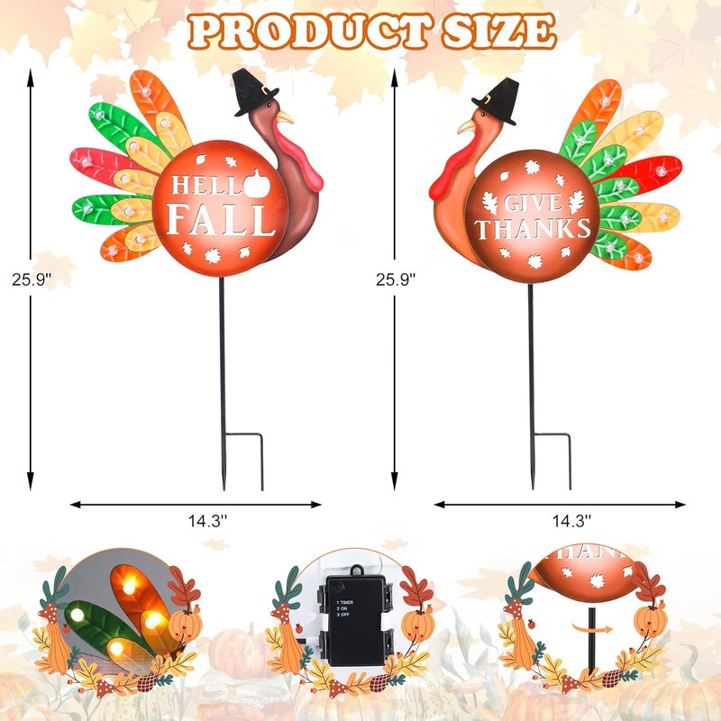 VCUTEKA Fall Yard Decor Outdoor Autumn Harvest Garden Stakes with LED Light Autumn Two Turkeys Yard Sign with Stakes Fall Thanksgiving Decoration for Home Outside Lawn Garden Holiday Decor - Image 3